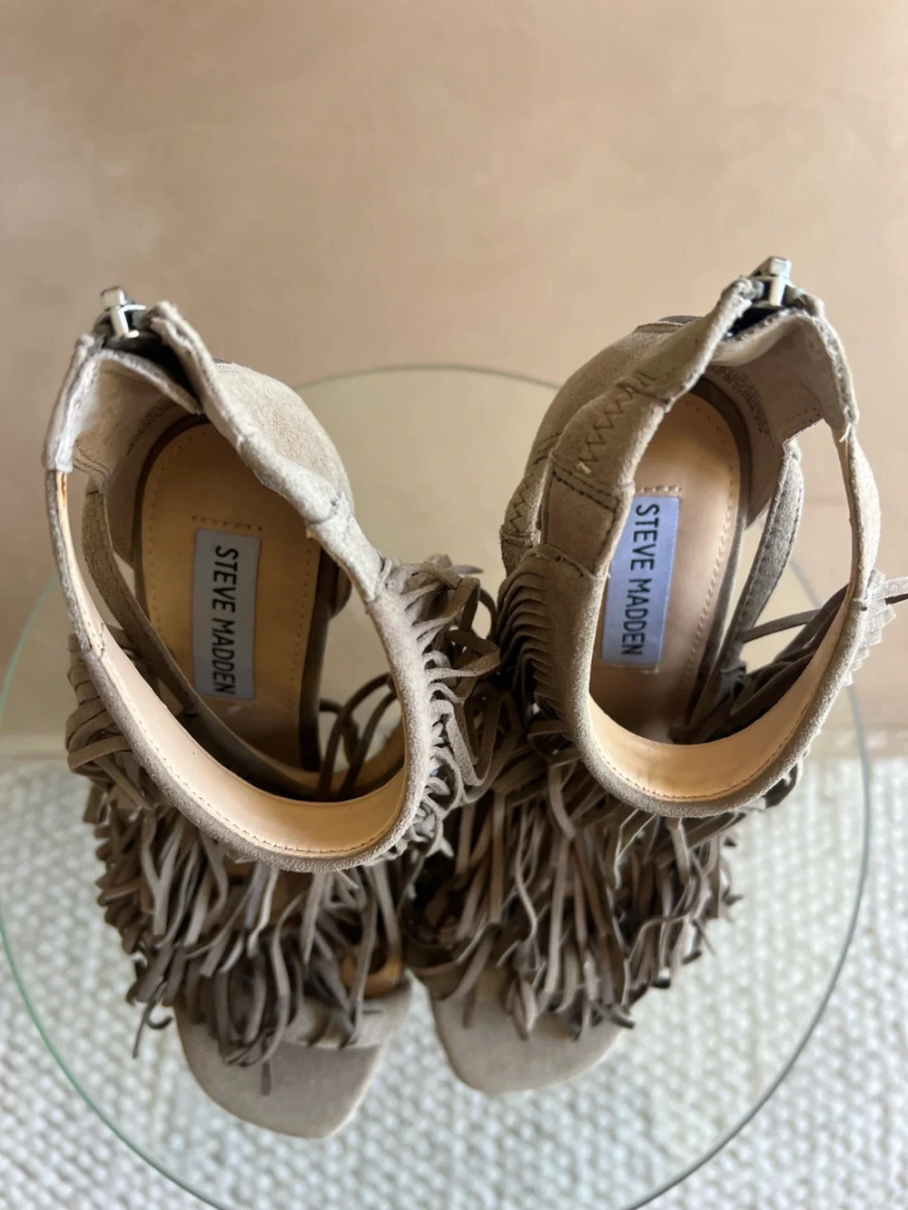 Steve Madden Fringly Taupe Suede Fringe Stiletto Heels Size 7.5